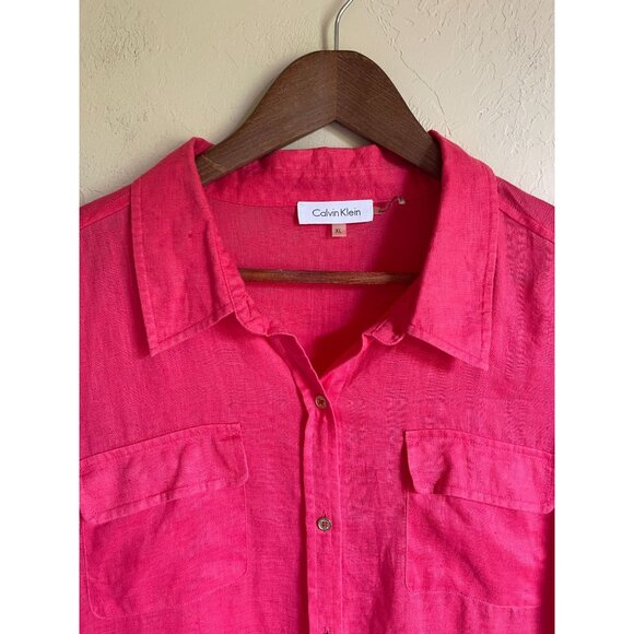 Calvin Klein Pink Linen Button Front Collared Size XL Blouse Top Roll Tab Sleeve - Picture 5 of 7